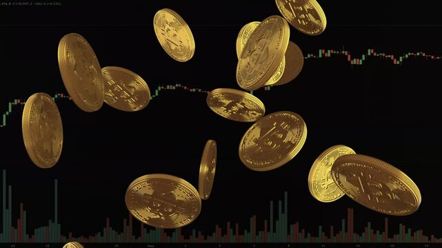 Golden shiny bitcoins swirl on black background. 4k, slow motion.