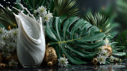 Milk splash swirl realistic vector background. White liquid organic milk on background of tropical green palm leaves, packaging design element for vegan drink