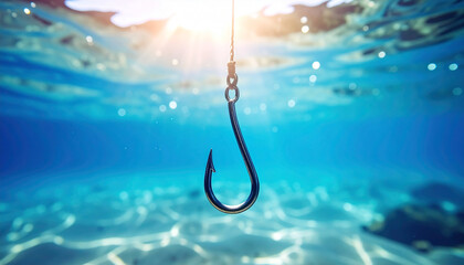 Fishing hook on string underwater. Clear sea or ocean water background.