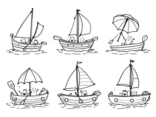 Paddleboat line art showing peaceful river ride on water