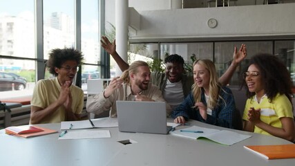 Group of multiracial students excited happy rejoice celebrate good result pass exams teamwork success studying in high school men women girls guys in college university with laptop smiling laughing - Powered by Adobe