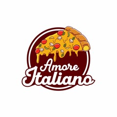 This logo features a delicious slice of pizza with melted cheese, pepperoni, mushrooms, bell peppers, and basil leaves, placed over a round dark red background. 