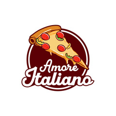 This logo features a delicious slice of pizza with melted cheese, pepperoni, mushrooms, bell peppers, and basil leaves, placed over a round dark red background. 
