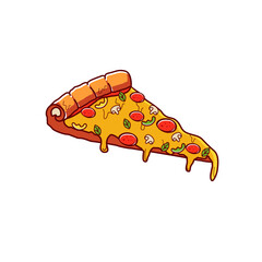 This logo features a delicious slice of pizza with melted cheese, pepperoni, mushrooms, bell peppers, and basil leaves, placed over a round dark red background. 