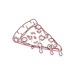 This logo features a delicious slice of pizza with melted cheese, pepperoni, mushrooms, bell peppers, and basil leaves, placed over a round dark red background. 