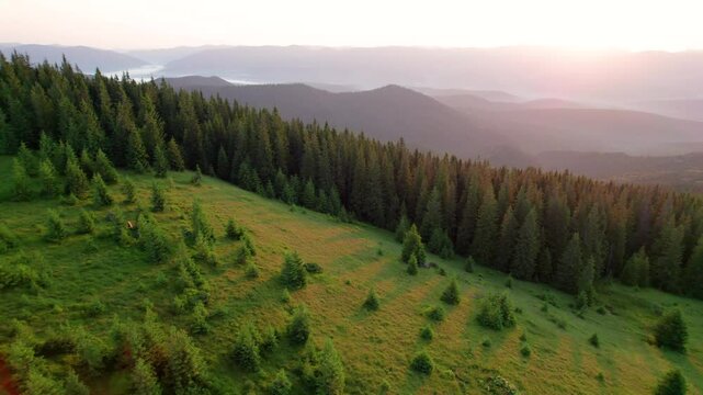 Aerial view of campsite on grassy hillside, with tents scattered amidst lush greenery and small trees. Golden hues of sunrise. In distance, layers of rolling mountains fade into horizon.