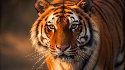Fototapeta premium Close up of Bengal tiger with vivid orange coat and focused eyes in shallow depth with soft natural background