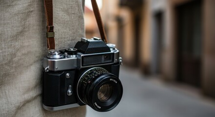 Vintage slr camera hanging outdoors evokes a nostalgic feel in photography