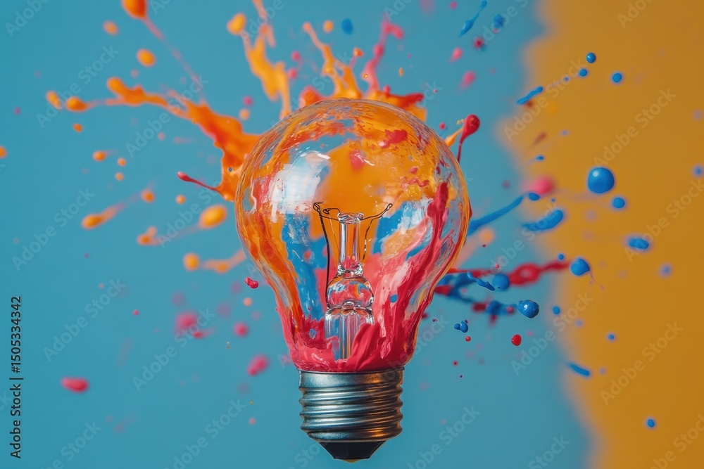 Poster creative light bulb splashed with vibrant paint against a bright backdrop, creative light bulb with 