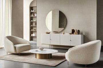 Modern living room with two cream armchairs flanking a marble-topped coffee table, a white sideboard with brass legs, and a large round mirror against a neutral wall