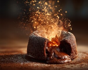 Hyperreal Food Photography of a chocolate lava cake erupting, close-up with flowing texture and molten richness