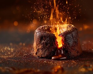 Hyperreal Food Photography of a chocolate lava cake erupting, close-up with flowing texture and molten richness
