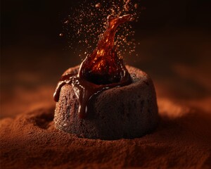 Hyperreal Food Photography of a chocolate lava cake erupting, close-up with flowing texture and molten richness