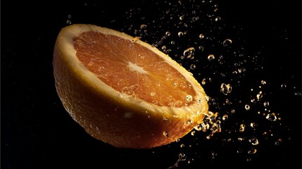 Hyperreal Food Photography of a glistening citrus fruit sliced open with juice droplets frozen mid-air cinematic lighting with dramatic shadows on dark background