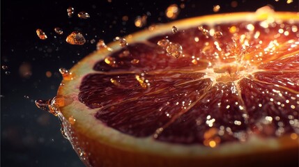 Hyperreal Food Photography of a glistening citrus fruit sliced open with juice droplets frozen mid-air cinematic lighting with dramatic shadows on dark background