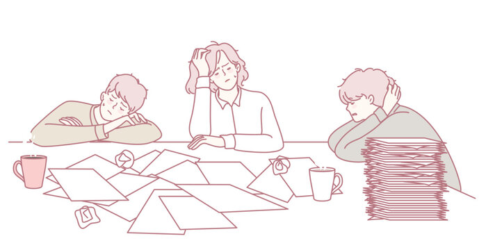 A weary team diligently working amid towering piles of documents, illustrating both stress and productivity obstacles