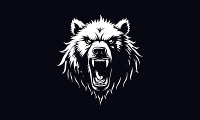 Angry bear head vector, grizzly bear head illustration, black and white bear head vector