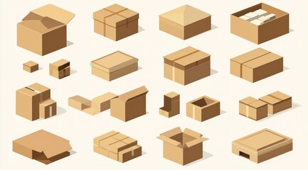 Isometric illustration of various cardboard boxes in different sizes, shapes, and configurations, some open, some closed, some tied with twine