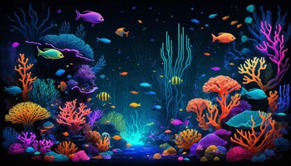 Vibrant Underwater Scene Neon Coral Reef with Colorful Fish and Aquatic Plants