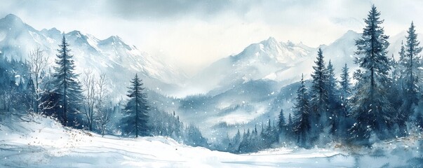 Fototapeta premium artistic design of a snowy mountain landscape, painted in soft watercolor shades, for a winter holiday card, Generative AI