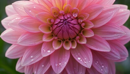 Fototapeta premium Stunning Pink Dahlia Flower Blossom with Dew Drops Close Up Macro Photography
