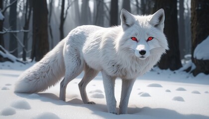 Obraz premium Majestic Arctic Fox with Red Eyes in Snowy Winter Forest