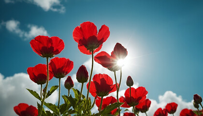 Fototapeta premium Red poppies blooming in a field under a bright summer sun against a blue sky with white clouds background.