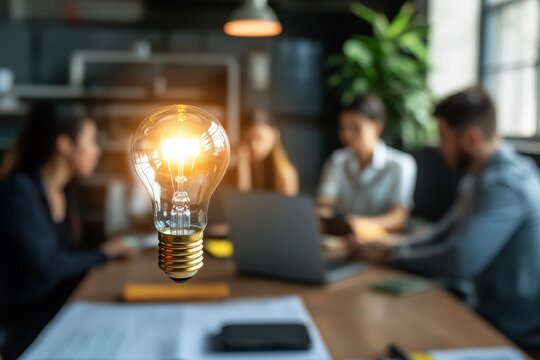 Business meeting highlights innovative ideas with a light bulb symbolizing creativity and inspiration, Light bulb on ,Business concept