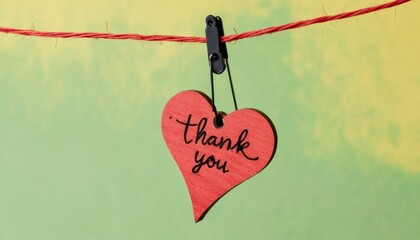 Red Heart Thank You Note Hanging on Clothesline Gratitude Message