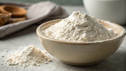 A ceramic bowl overflowing with white flour, ready for cooking or baking.