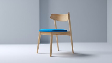 Light-colored wooden chair with a blue seat.