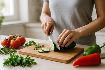 Female hands chopping fresh vegetables on a wooden cutting board in a bright kitchen. Kitchen scene of woman slicing vegetables surrounded by fresh ingredients. Healthy meal preparation. Salad. Diet