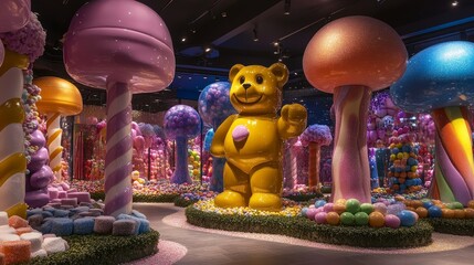 whimsical candy forest where oversized gummy bears roam among lollipop trees and marshmallow bushes, Generative AI