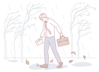 A solitary man walks through the pouring rain, carrying a briefcase and scattered papers, amidst bare trees