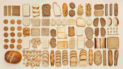 An assortment of diet breads including seed loaf on beige background