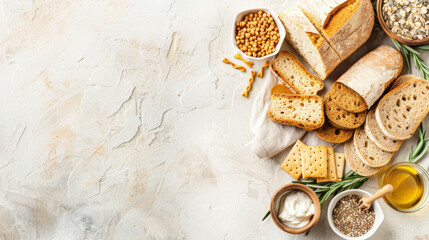 Assortment of diet breads including seed loaf on textured background
