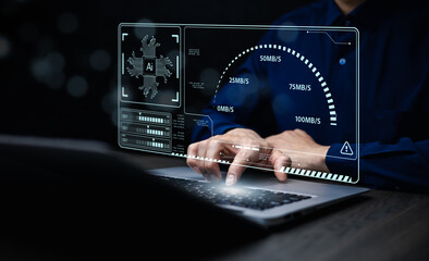 Programmer people working laptops or smartphones with AI, artificial intelligence software engineer coding on laptop computers with technology icons and binary code, big data, Ai bot digital machine