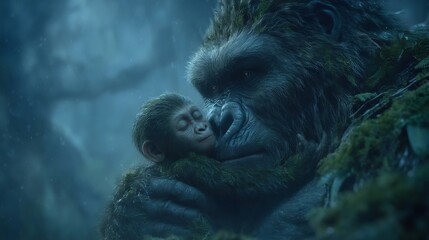 Naklejka premium Large primate gently cradling a smaller primate.