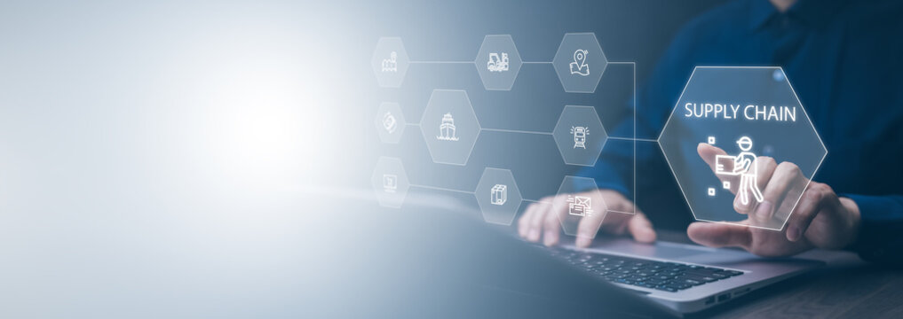 Supply Chain Management concept transportation and logistic suppliers, import export and transport industry. network distribution growth. container cargo ship and trucks of industrial cargo freight