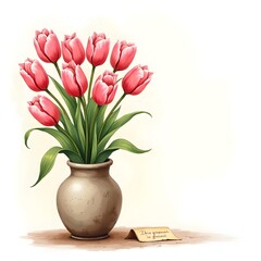 Blooming Beauty: Pink Tulips in Rustic Vase with Handwritten Note