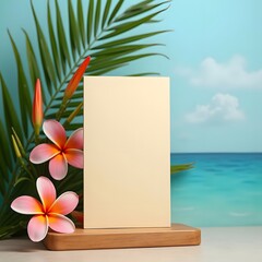 Tranquil Oasis: Tropical Tan Oil on Wooden Stand with Vibrant Floral Accents