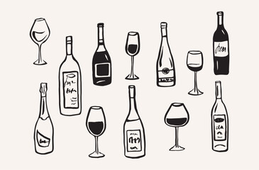 Fototapeta na wymiar Hand drawn wine bottles and glasses