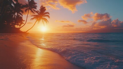 serene tropical beach with waves gently lapping against the shore and palm trees swaying under a vibrant sunset, Generative AI