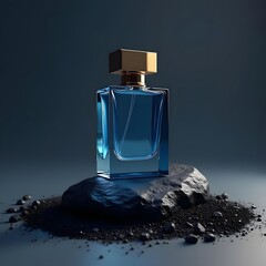 Sapphire Elegance: A stunning blue perfume bottle on black rock surrounded by volcanic ash under soft lighting