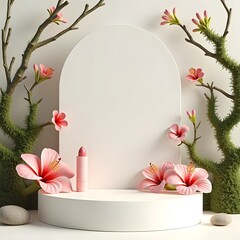 Nature's Elegance: Hibiscus Lip Balm on Mossy White Podium