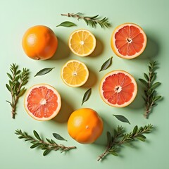 Vibrant Citrus Delight: Fresh Orange Grapefruits and Sage on Green Background