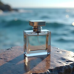 Glistening Silver Scent Bottle Resting on Polished Brown Granite by the Ocean