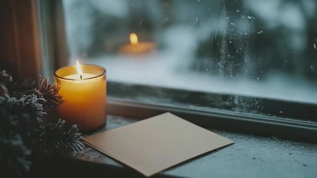 Cozy candle with envelope on window sill during snowy winter evening  
