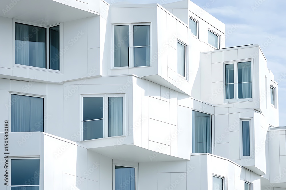 Poster modern architecture white building with geometric facade and reflective windows