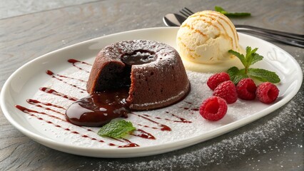 Delicious chocolate lava cake with vanilla ice cream, raspberries, and mint.